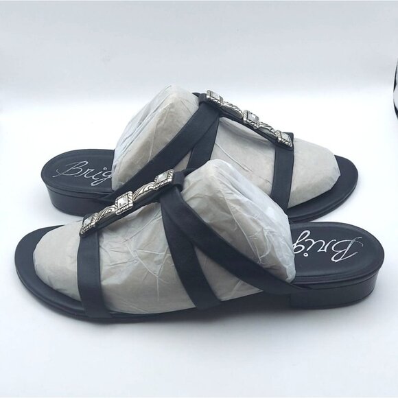 Brighton Nassau Black Leather Low Heel Slide Sandals 8.5M Silver Plated Crystal - Picture 5 of 11